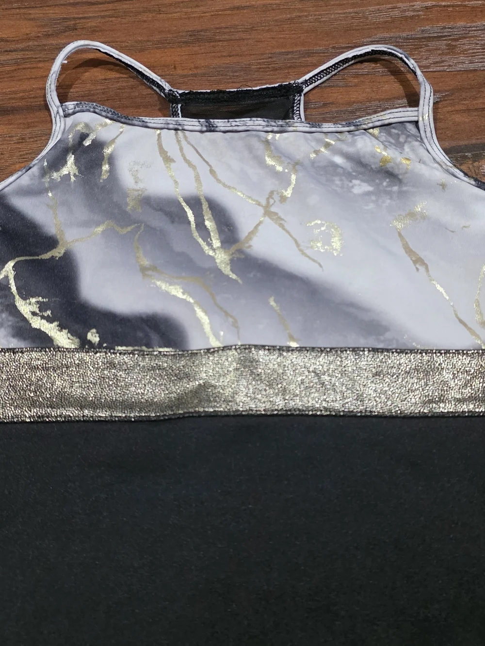 Justice Black and White Marble-Print Gymnastics Leotard with Gold Band